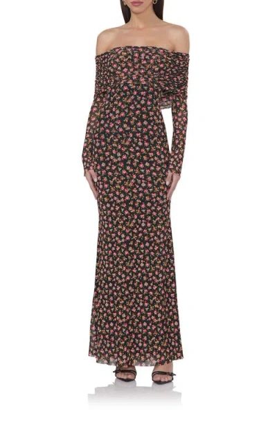 Afrm Thelma Print Off The Shoulder Long Sleeve Mesh Maxi Dress In Spring Ditsy