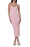 Afrm Tosca Ruched Lace Midi Dress In Pink