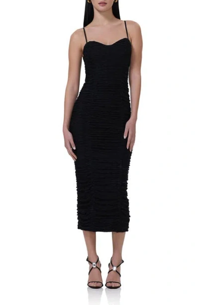 Afrm Tosca Ruched Lace Midi Dress In Noir