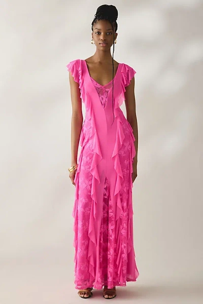 Afrm Trista Brilliant Pink Cascading Ruffle Lace Maxi Dress In Brilliant Pink, Women's At Urban Outfitter