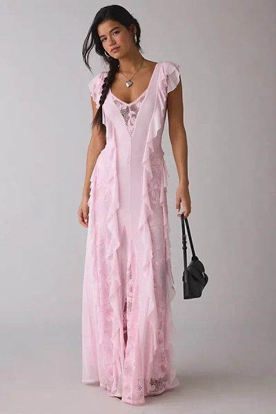 Afrm Trista Cascading Ruffle Lace Maxi Dress In Pink Hint, Women's At Urban Outfitters