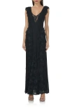 Afrm Trista Mesh Ruffle Maxi Dress With Lace Panels In Noir