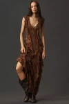 Afrm Trista Ruffle-sleeve V-neck Maxi Dress In Brown