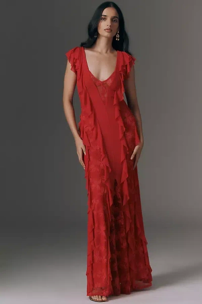 Afrm Trista Ruffle-sleeve V-neck Maxi Dress In Red