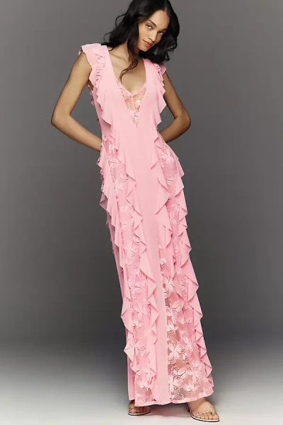 Afrm Trista Ruffle-sleeve V-neck Maxi Dress In Pink