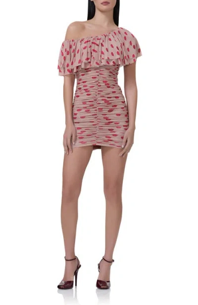 Afrm Vivian One-shoulder Ruched Mesh Minidress In Almond Kiss