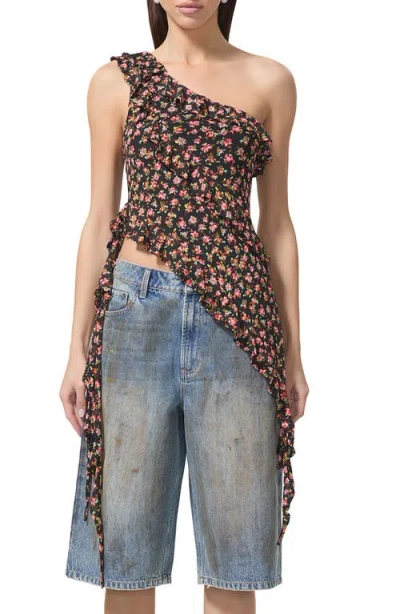 Afrm Vivica Ruffle One-shoulder Sleeveless Top In Multicolor