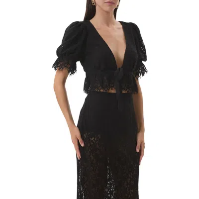 Afrm Wayla Lace Plunge Neck Puff Sleeve Babydoll Top In Black