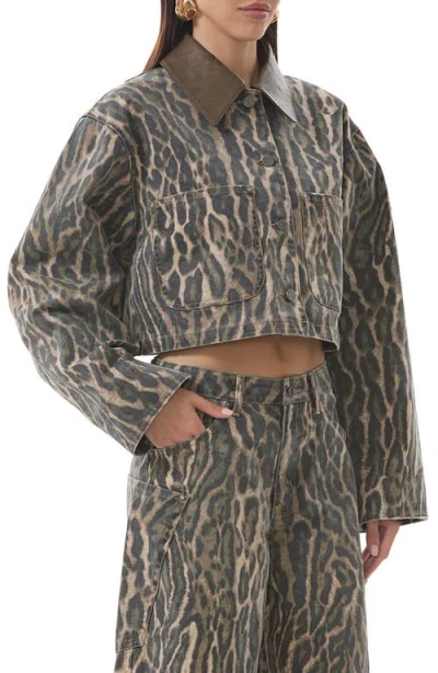 Afrm Wrenley Leopard Crop Denim Jacket In Animal Print