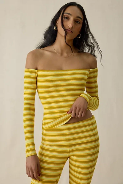Afrm Wright Off-the-shoulder Long Sleeve Top In Limelight Stripe, Women's At Urban Outfitters In Yellow