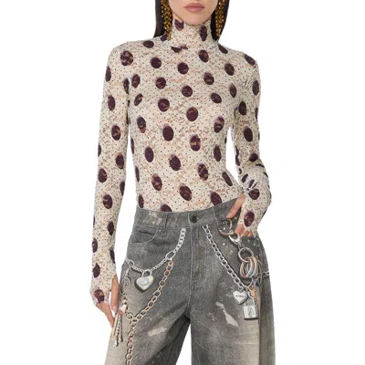 Afrm Zadie Flocked Dot Mock Neck Lace Top In Multi
