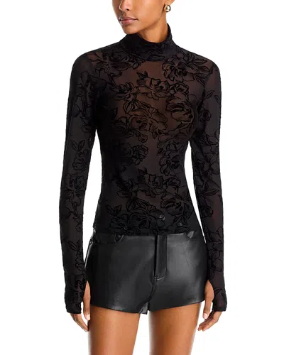 Afrm Zadie Flocked Mesh Long Sleeve Lace Top In Black