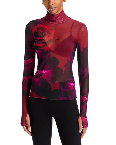 Afrm Zadie Mesh High Neck Long Sleeve Lace Top In Burgundy