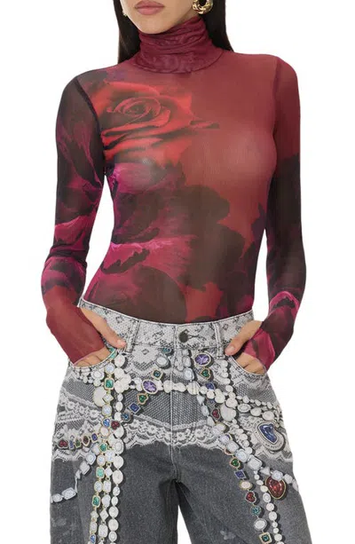 Afrm Zadie Mock Neck Mesh Top In Burgundy