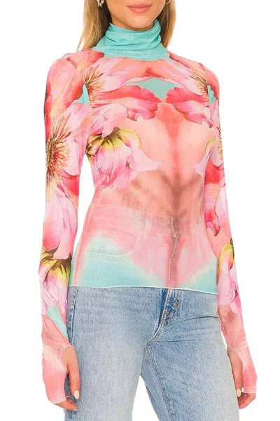 Afrm Zadie Power Mesh Turtleneck Top In Coral Daffodil Sub In Multi