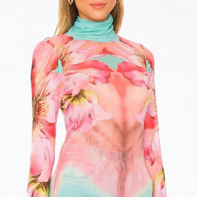 Afrm Zadie Power Mesh Turtleneck Top In Coral Daffodil Sub In Pink