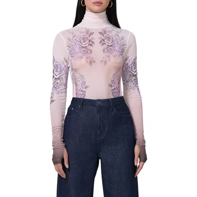 Afrm Zadie Print Mesh Turtleneck Top In Lilac Tattoo