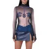 Afrm Zadie Print Mesh Turtleneck Top In Ornate Navy