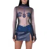 Afrm Zadie Print Mesh Turtleneck Top In Ornate Navy