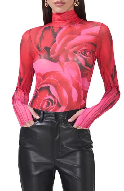 Afrm Zadie Print Sheer Mesh Top In Organic Rose