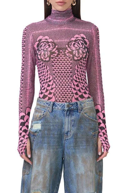 Afrm Zadie Print Sheer Mesh Top In Pink Petal