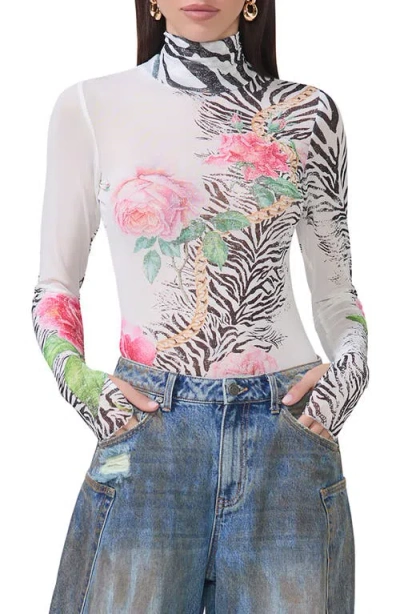 Afrm Zadie Print Sheer Mesh Top In Zebra Rose