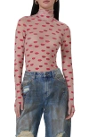 Afrm Zadie Print Turtleneck Mesh Top In Almond Kiss