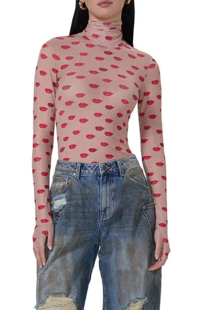 Afrm Zadie Print Turtleneck Mesh Top In Almond Kiss