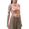 Afrm Zadie Print Turtleneck Mesh Top In Brown