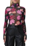 Afrm Zadie Print Turtleneck Mesh Top In Midnight Rose