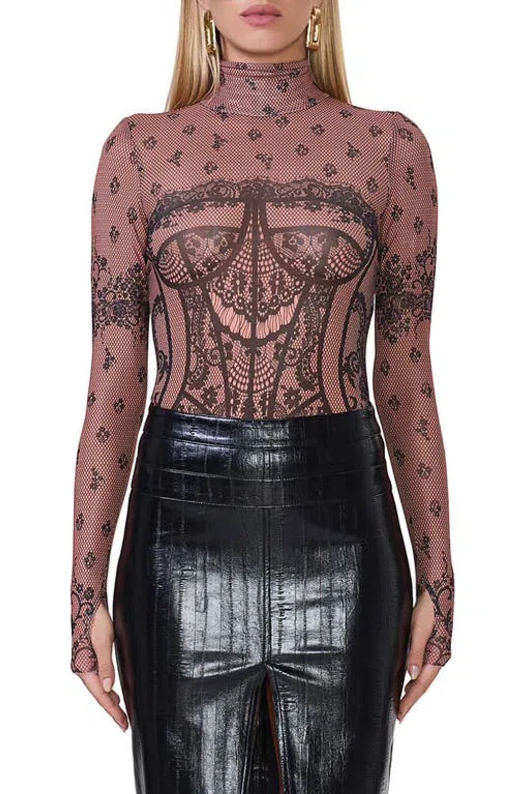 Afrm Zadie Print Turtleneck Mesh Top In Noir Bustier | ModeSens