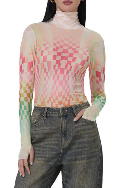 Afrm Zadie Print Turtleneck Mesh Top In Pastel Ombre