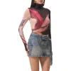 Afrm Zadie Print Turtleneck Mesh Top In Pink