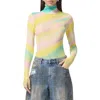 Afrm Zadie Print Turtleneck Mesh Top In Rainbow Stripe
