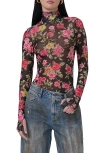 Afrm Zadie Print Turtleneck Mesh Top In Wallpaper Rose