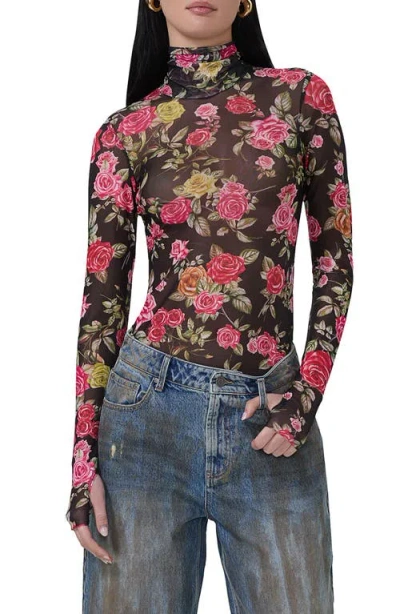 Afrm Zadie Print Turtleneck Mesh Top In Wallpaper Rose