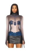 Afrm Zadie Print Mesh Turtleneck Top In Ornate Navy