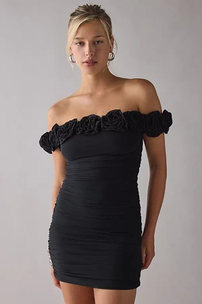 Afrm Zami Ruched Rosette Off-the-shoulder Mini Dress In Noir, Women's At Urban Outfitters In Black