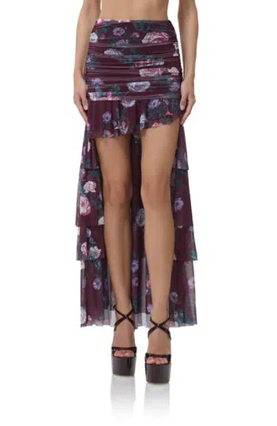 Afrm Zarin Floral High-low Mesh Skirt In Purple