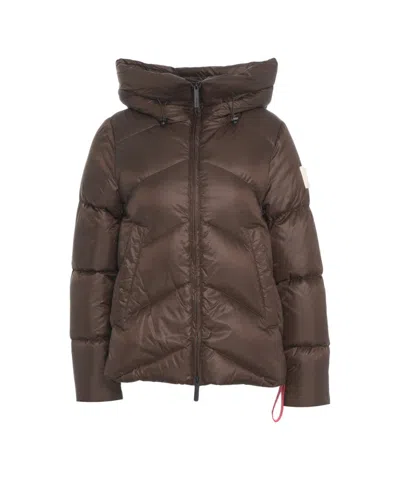 After Label Chevron Quilted Down Jacket With High Collar And Integrated Hood In Brown