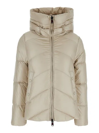 After Label 'helsinki' Beige Hooded Down Jacket With Logo Patch In Tech Fabric Woman In Neutrals