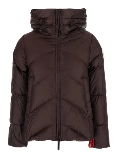 After Label Helsinki Tech Fabric Down Jacket With Hood & Logo Patch In Brown