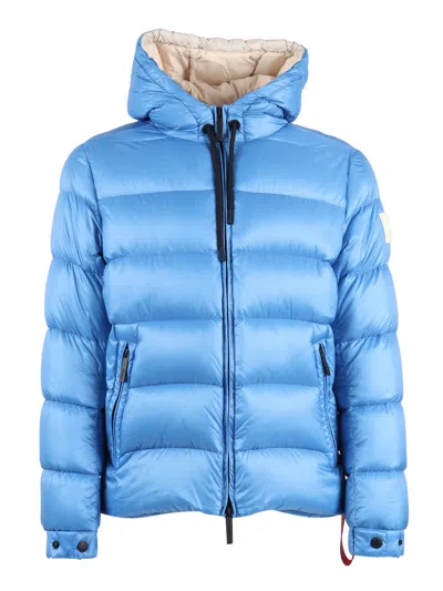 After Label Hooded Puffer Jacket With Horizontal Quilted Padding And Patch Detail In Blue