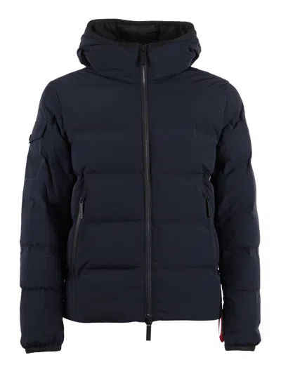After Label Quilted Blue Padded Jacket With Hood And Structured Silhouette In Black