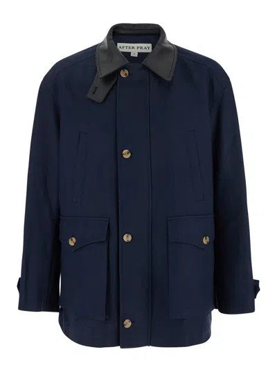 After Pray Leather Collar Cotton Coat In Navy