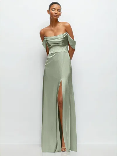 After Six A-line Satin Maxi Dress With Convertible Off-the-shoulder Or Strapless Looks In Green