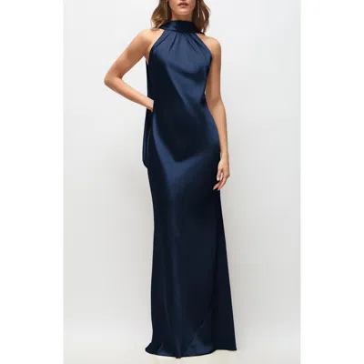 After Six Anais Scarf Neck Satin Charmeuse Gown In Blue