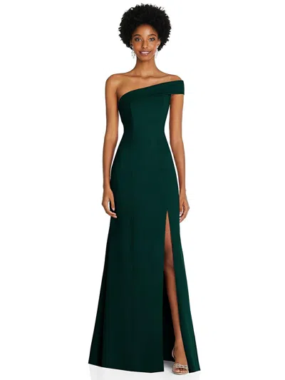 AFTER SIX ASYMMETRICAL OFF-THE-SHOULDER CUFF TRUMPET GOWN WITH FRONT SLIT