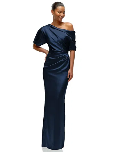 After Six Asymmetrical Off-the-shoulder Pleated Satin Maxi Dress