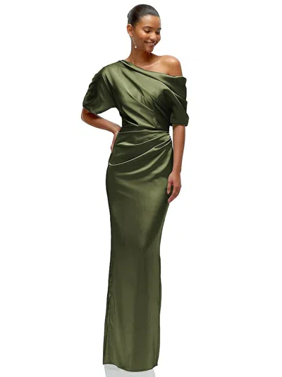 After Six Asymmetrical Off-the-shoulder Pleated Satin Maxi Dress